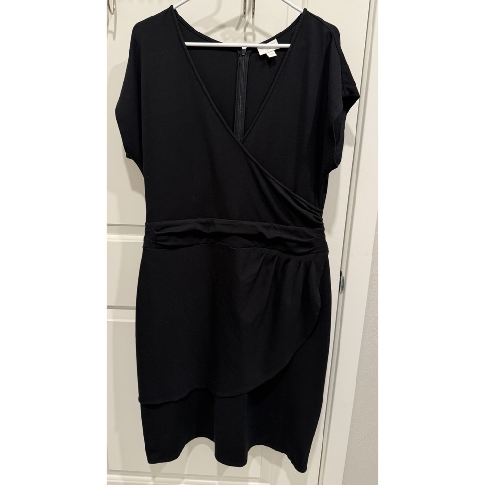 Christian Siriano For J Jill Dress Black Pointe Knit Faux Wrap Large LBD Classic
